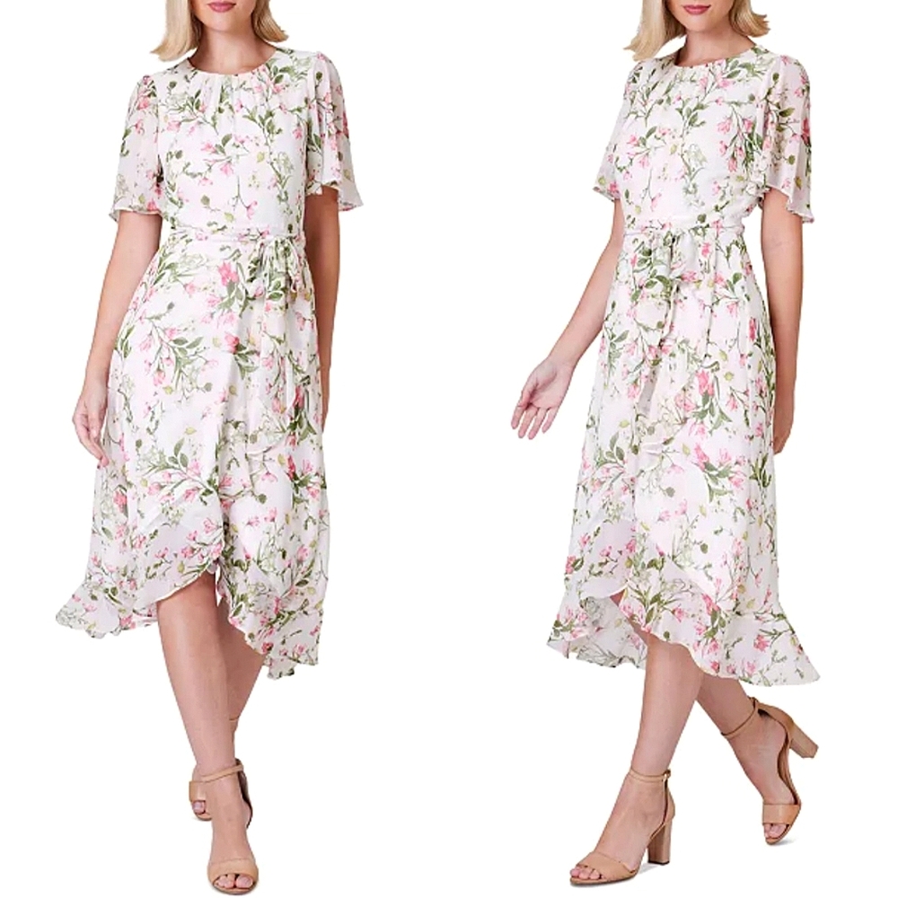 Jessica Howard Sheer Floral Wrap Ruffled Zip Midi Garden Dress